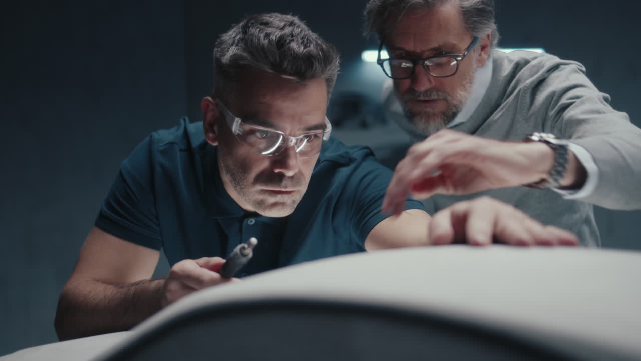 자동차 설계팀이 프로토타입을 작업하고 있습니다.