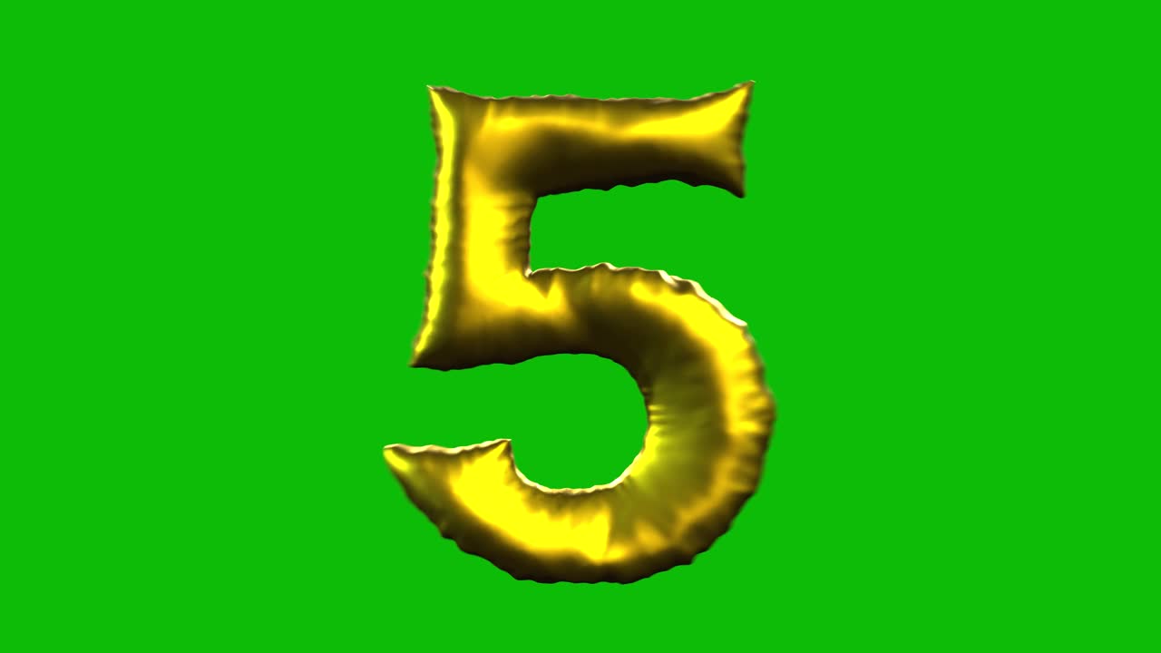 Gold Foil balloon number 5 inflates, spins, and reveals on green screen in 3D animation. Ideal for celebrations, parties, birthdays, and video editing projects