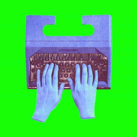 Retro hands typing machine vibrant animation, transparent 4K video, green screen