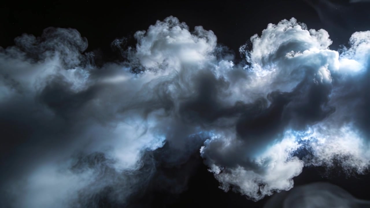 Expanding smoke forming lobes, filaments in black void, driven by fluid flow with blue rim light