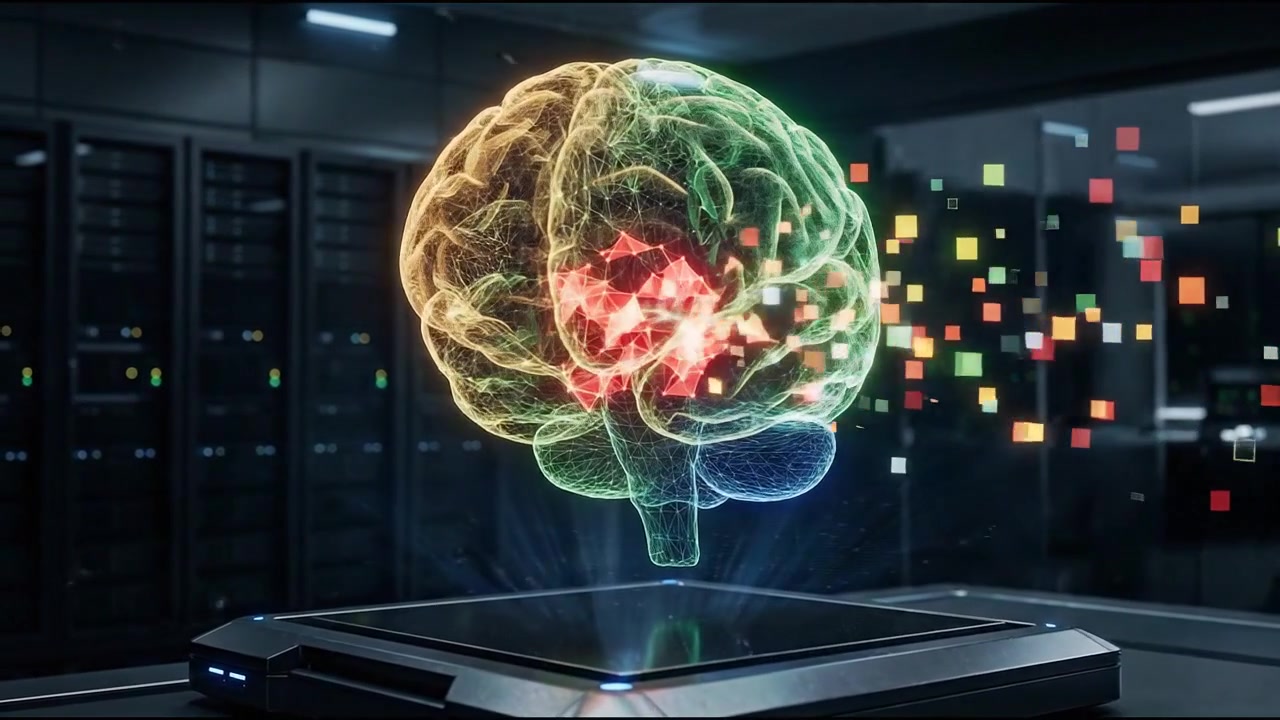 Multicolor brain hologram with bright red focal region on futuristic platform