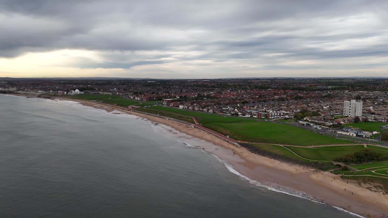 Aerial drone view Whitley Bay seaside beach british town city english city tyne and wear north east england coastline