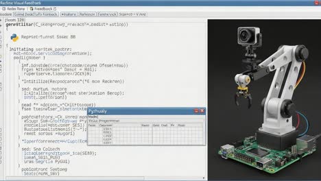 a robotic arm demonstrates programming with python, showcasing its intricate mechanics and software interface, emphasizing functionality and innovation in automation technology
