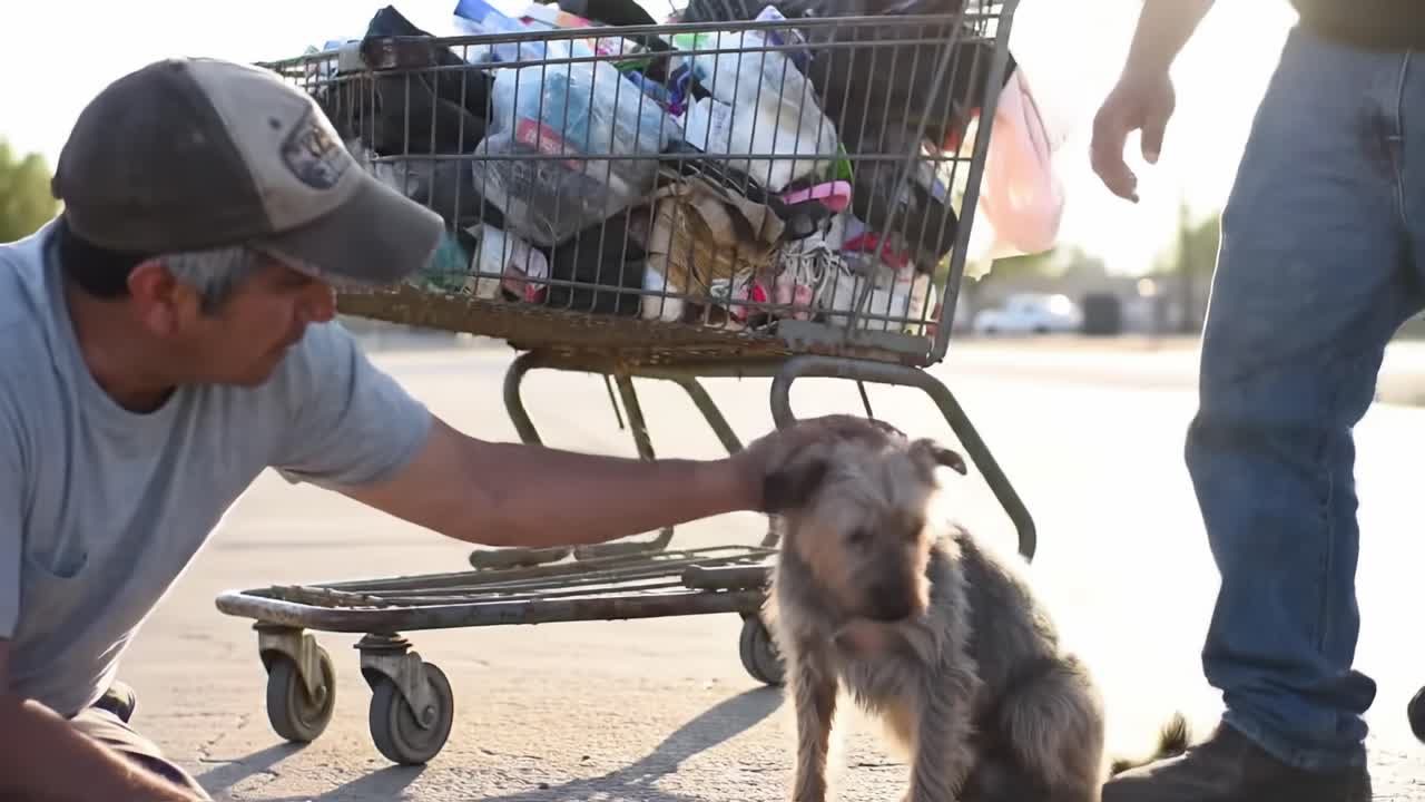 A Heartwarming Moment: A Man Cares for a Stray Dog Next to a Shopping Cart Overflowing with Trash, Highlighting Compassion in Challenging Circumstances