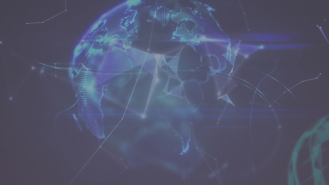 Digital animation of plexus networks over spinning globe against blue background