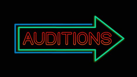 animated neon auditions sign with right facing arrow