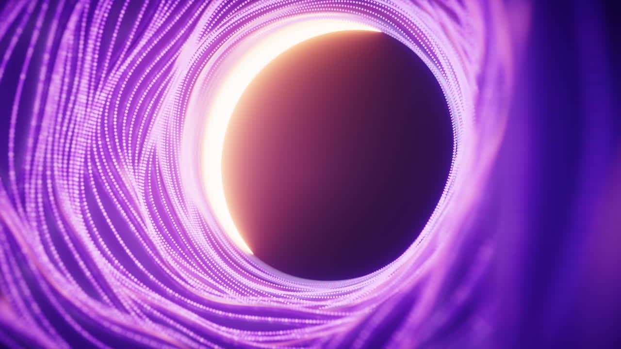 Tunnel rotondo scuro con linee neon luminose, rendering in 3D