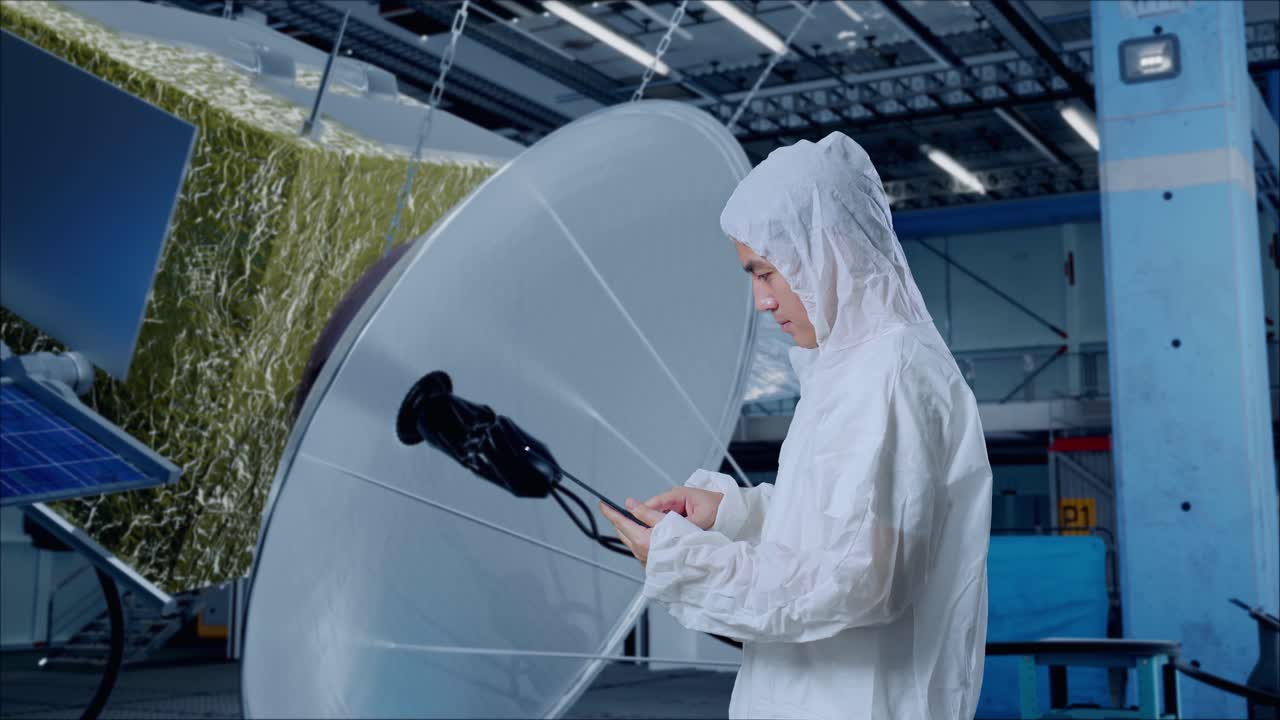 우주선 건설에 서 있는 태블릿을 사용하는 아시아 남성 과학자의 측면 시각