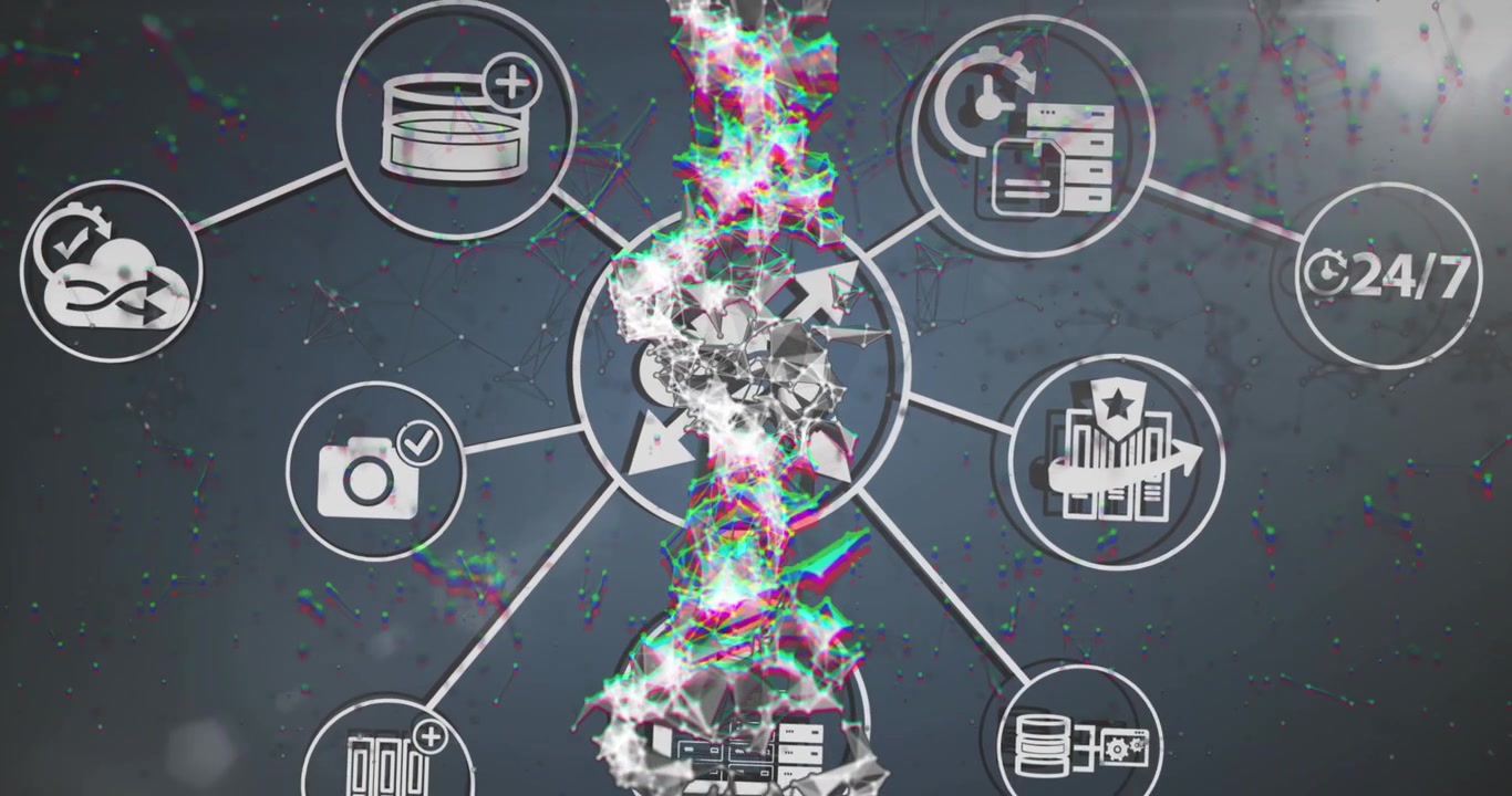 Animación de una red de comunicaciones sobre iconos de nube y medios en un fondo oscuro.