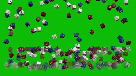 casino white, red and blue dice falling down and bouncing on green screen 3d animation