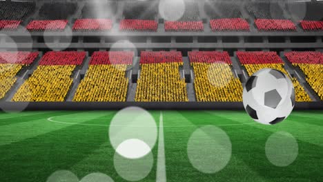 animation of soccer balls over stadium with german flag stands