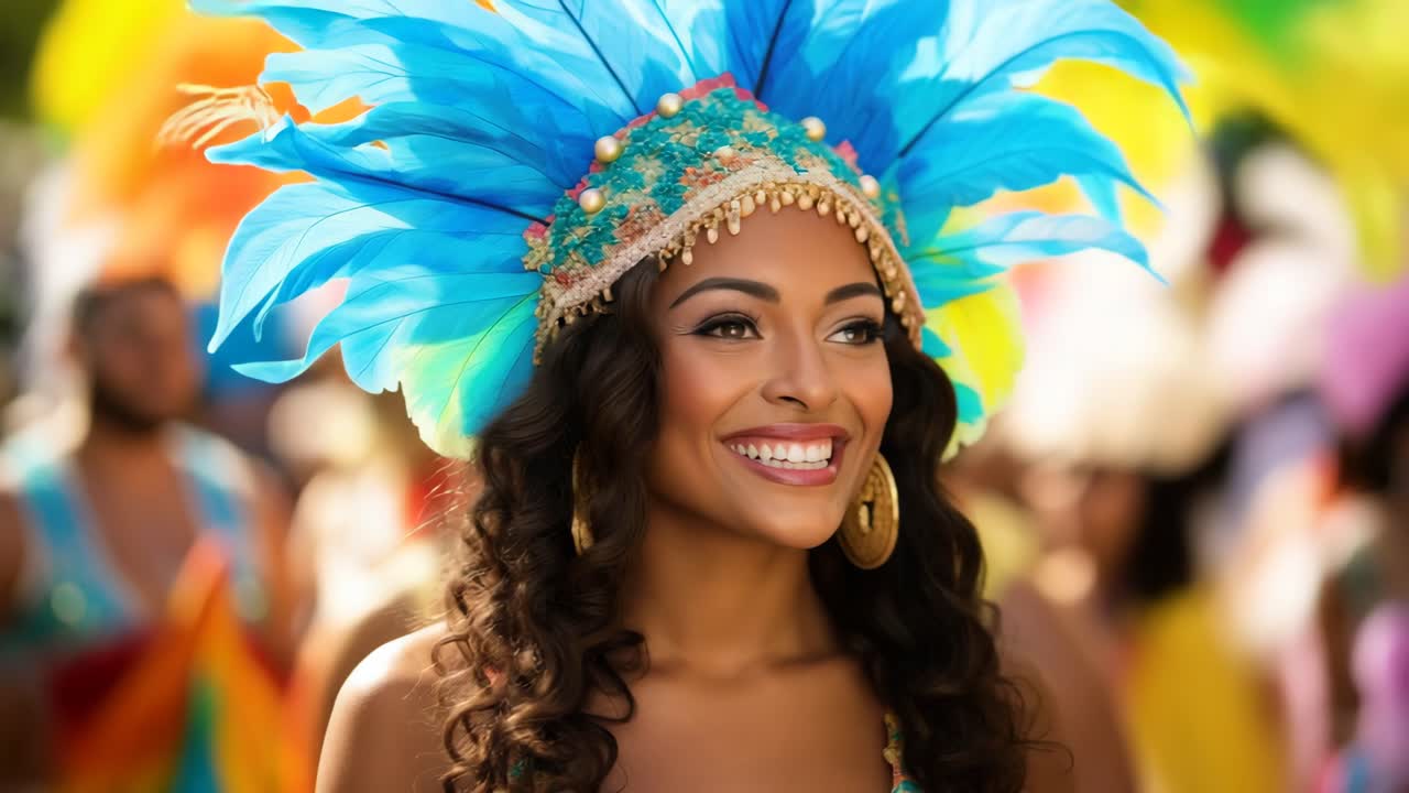 Vibrant street festival video with a close-up angle of a smiling woman in a colorful feathered