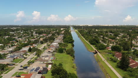 An-aerial-view-of-a-long-canal-which-stretches-out-to-the-horizon-on-a-sunny-day