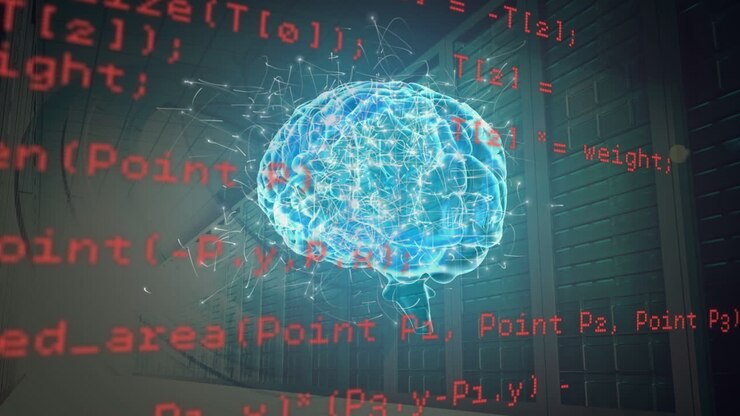 Animation of data processing and human brain over server room