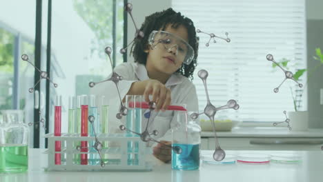 animation of molecules and data processing over african american boy scientist with test tubes