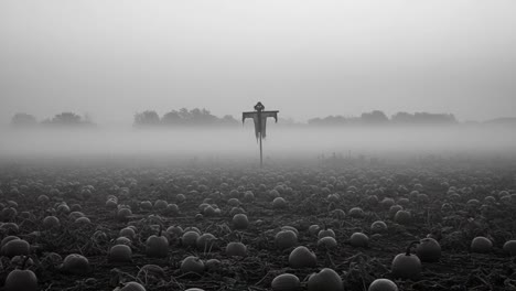 eerie landscape of a foggy pumpkin field: a lonely scarecrow guarding the abandoned harvest in a haunting atmosphere