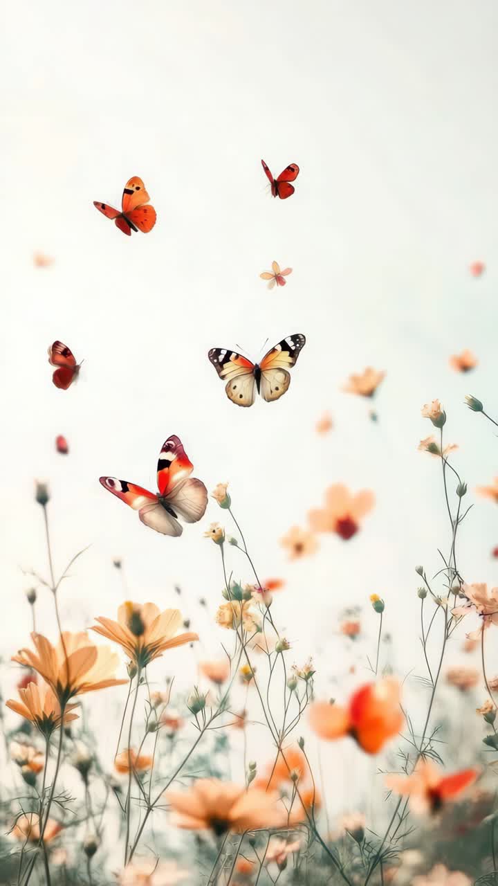 Butterflies flutter above wildflowers in a dreamy, soft-focus video scene