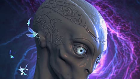 alien portrait with wings and intricate tattoo
