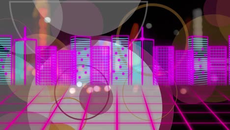 animation of digital city scape and circles over blurred background