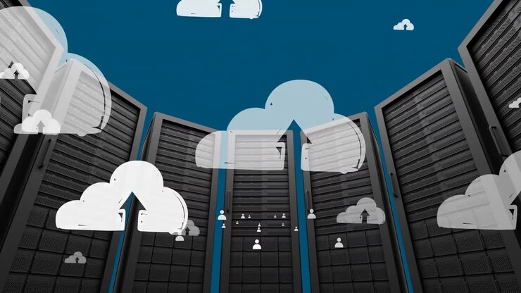 Animation of social media and clouds icons over computer servers