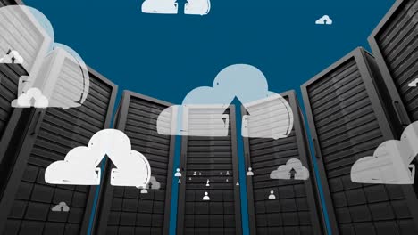 animación de las redes sociales y iconos de nubes sobre servidores de computadoras.