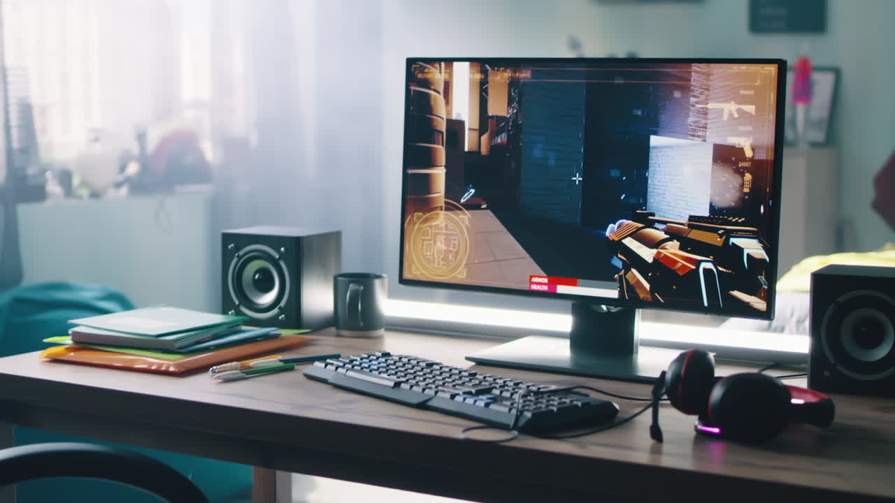 Teenage Boy Playing First-Person Shooter Game on PC