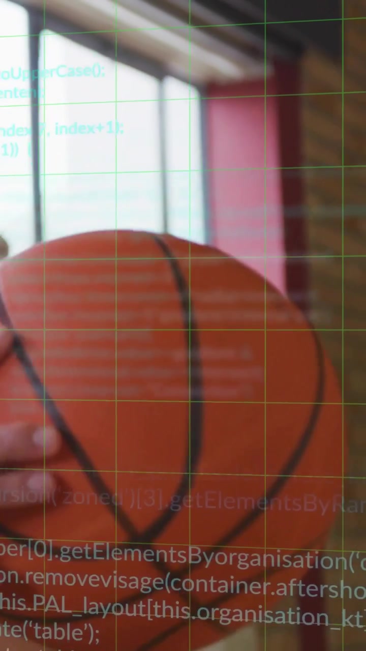 Vertical video: Woman lifting ball from bag tossing up while sports grid overlaying path for stats