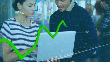 animation of green line and financial data processing over diverse business people in office