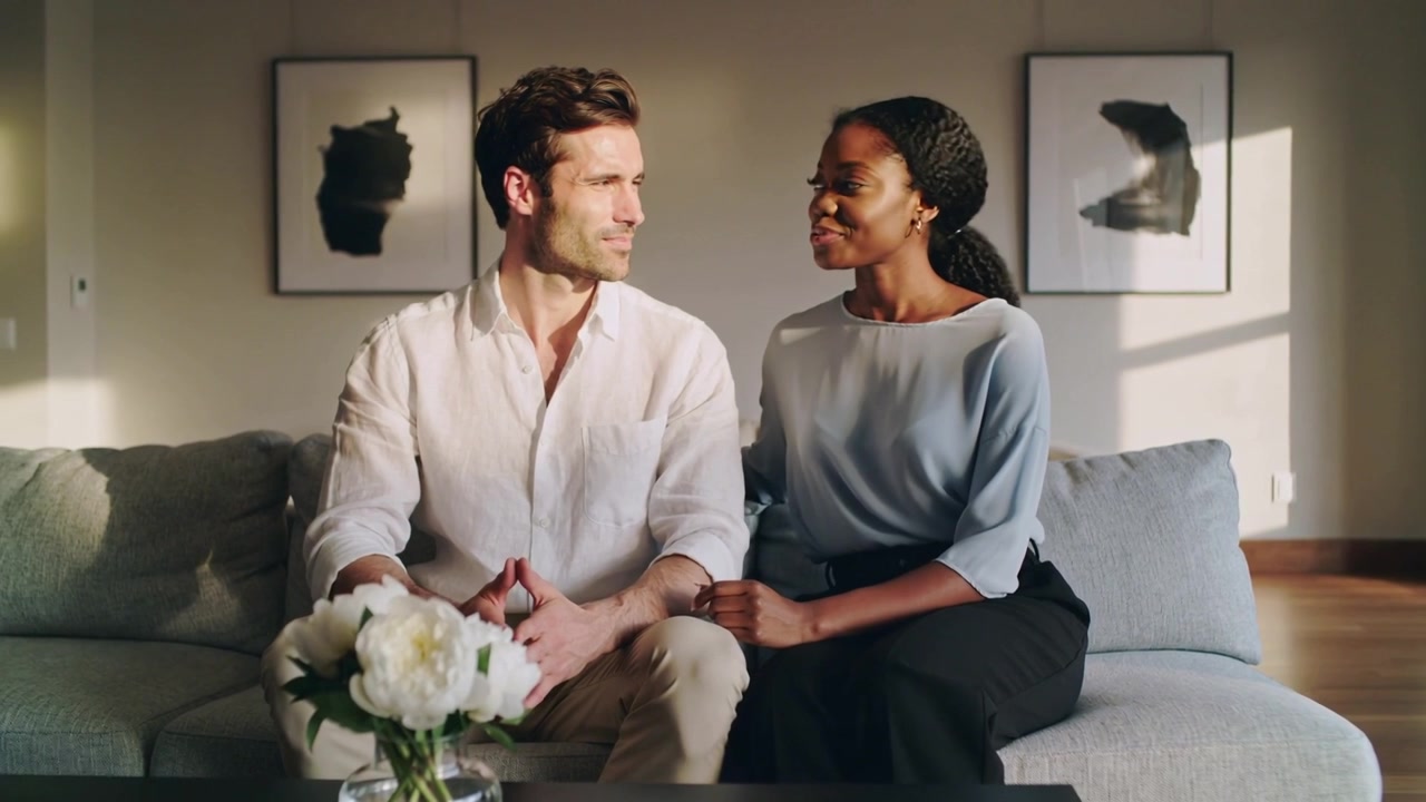 Turning woman placing hand on partner's knee comforting man in white shirt on light-gray sofa