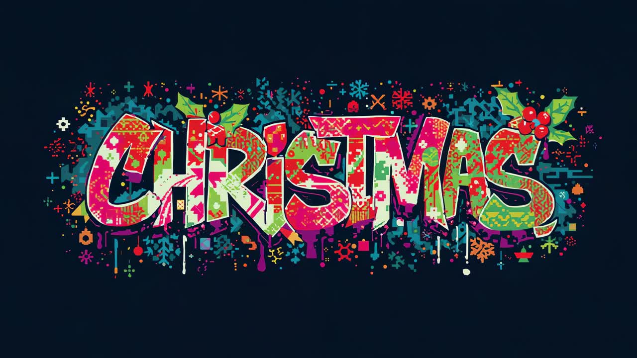 Animating CHRISTMAS word with frames playing, drips growing on navy with holly for holiday display