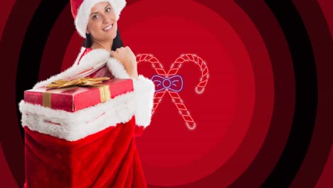 Animación-De-Una-Mujer-Vestida-De-Papá-Noel-Con-Un-Saco-De-Regalos-De-Navidad-Sobre-Bastones-De-Caramelo-En-Círculos-Rojos.