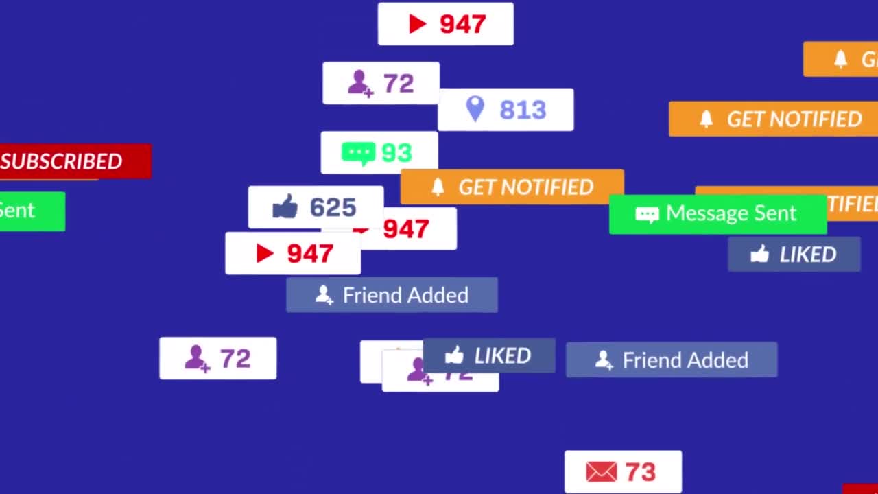 animación de múltiples textos en barras multicolores y múltiples iconos en barras contra un fondo azul