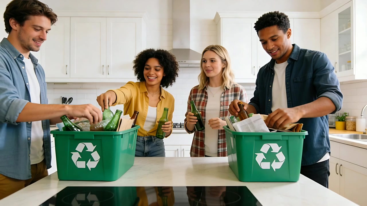 Sorting prompted by green bins, four adults sorting bottles and cardboard in kitchen to recycle