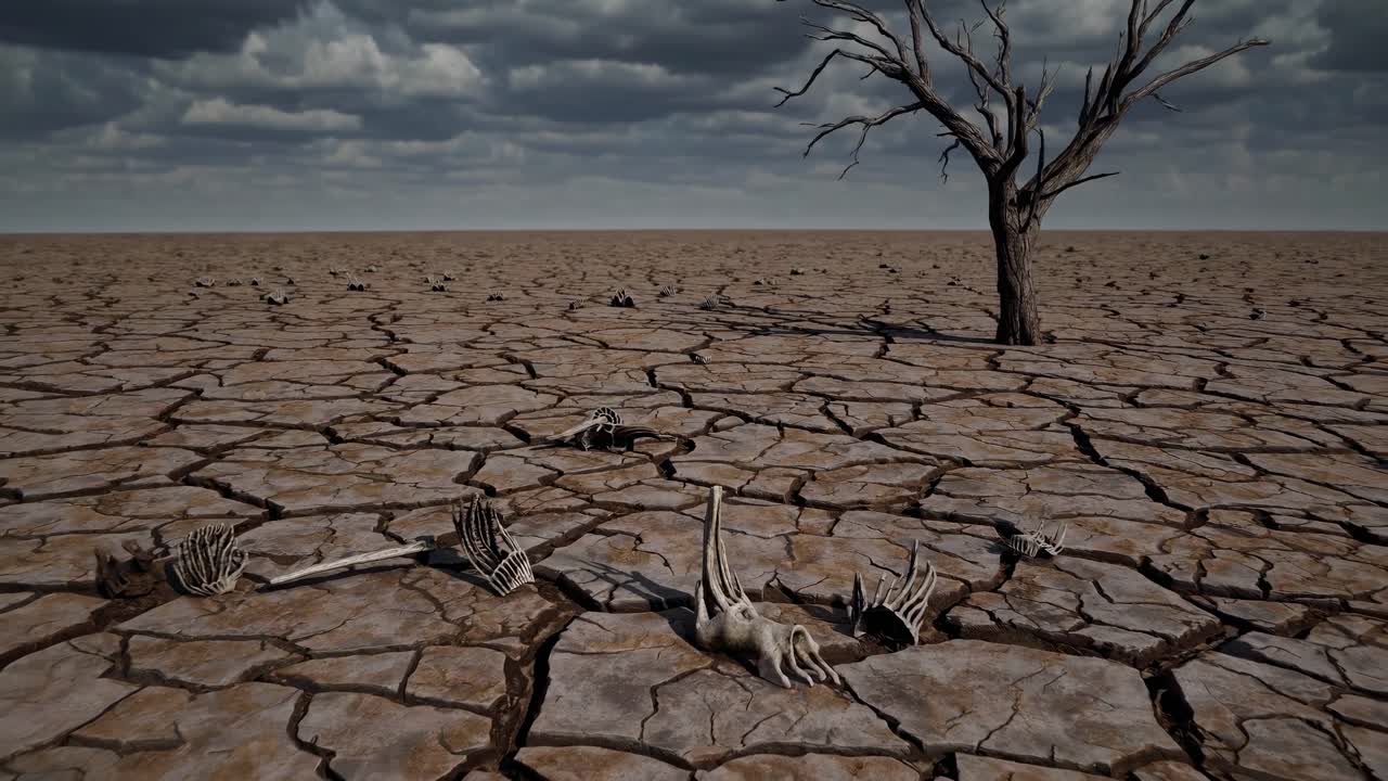 Terra spaccata e albero morto con scheletri di animali in un paesaggio desolato.