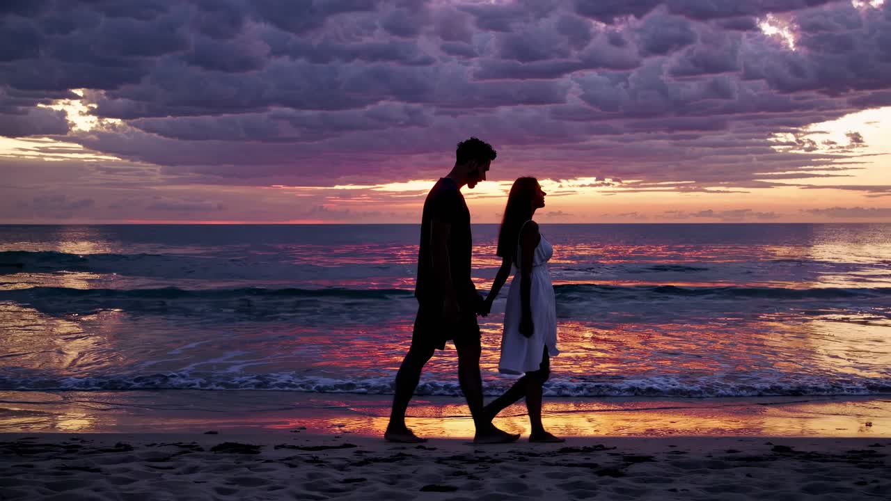 Silhouetted couple walking on a beach at sunset, captured from a side angle