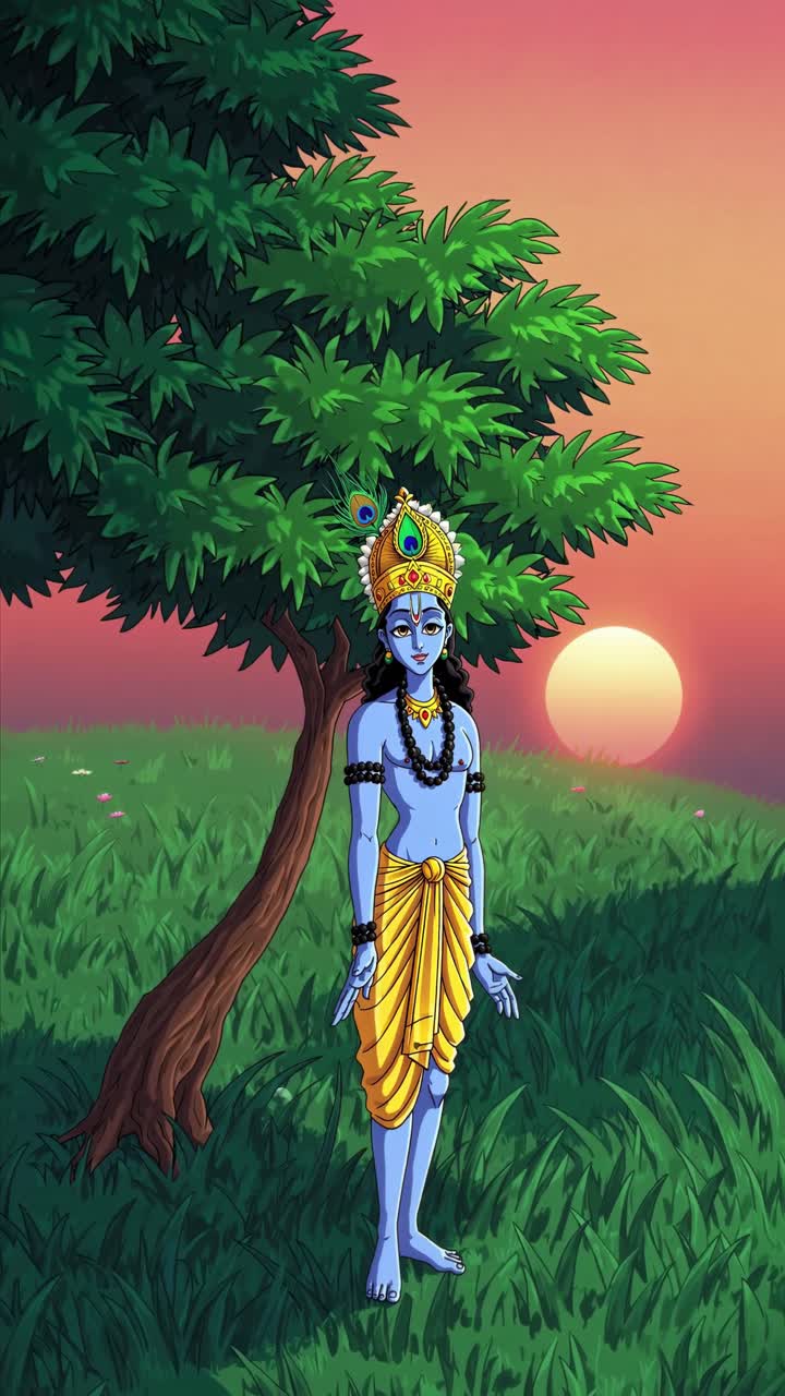 Illustration of Krishna under a tree at sunset