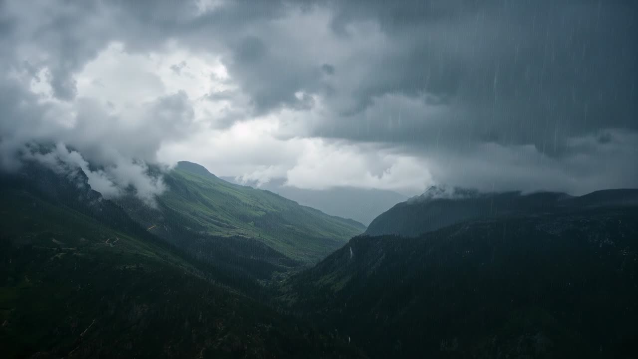 Showing mountain valley slopes shifting in storm, with rising mist and falling raindrops