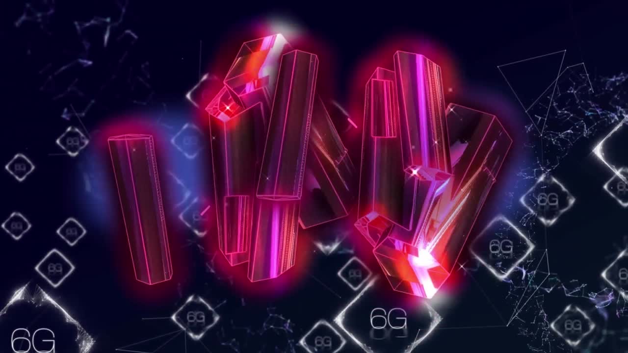 파란색 바탕에 로 모양의 6g 텍스트 위에 조명 된 추상 패턴의 애니메이션.