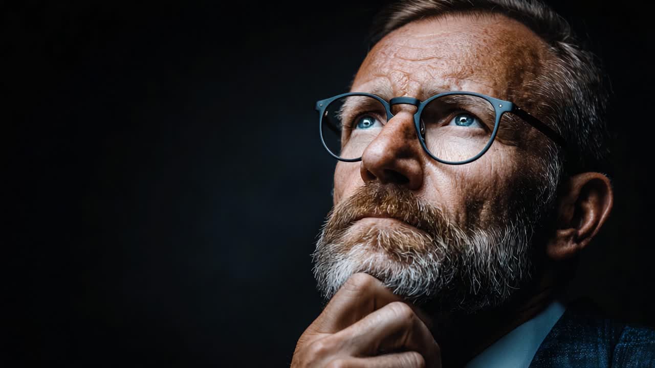 A Thoughtful Reflection: A Close-Up Portrait of a Mature Man with Glasses and a Beard Deep in Contemplation Against a Dark Background