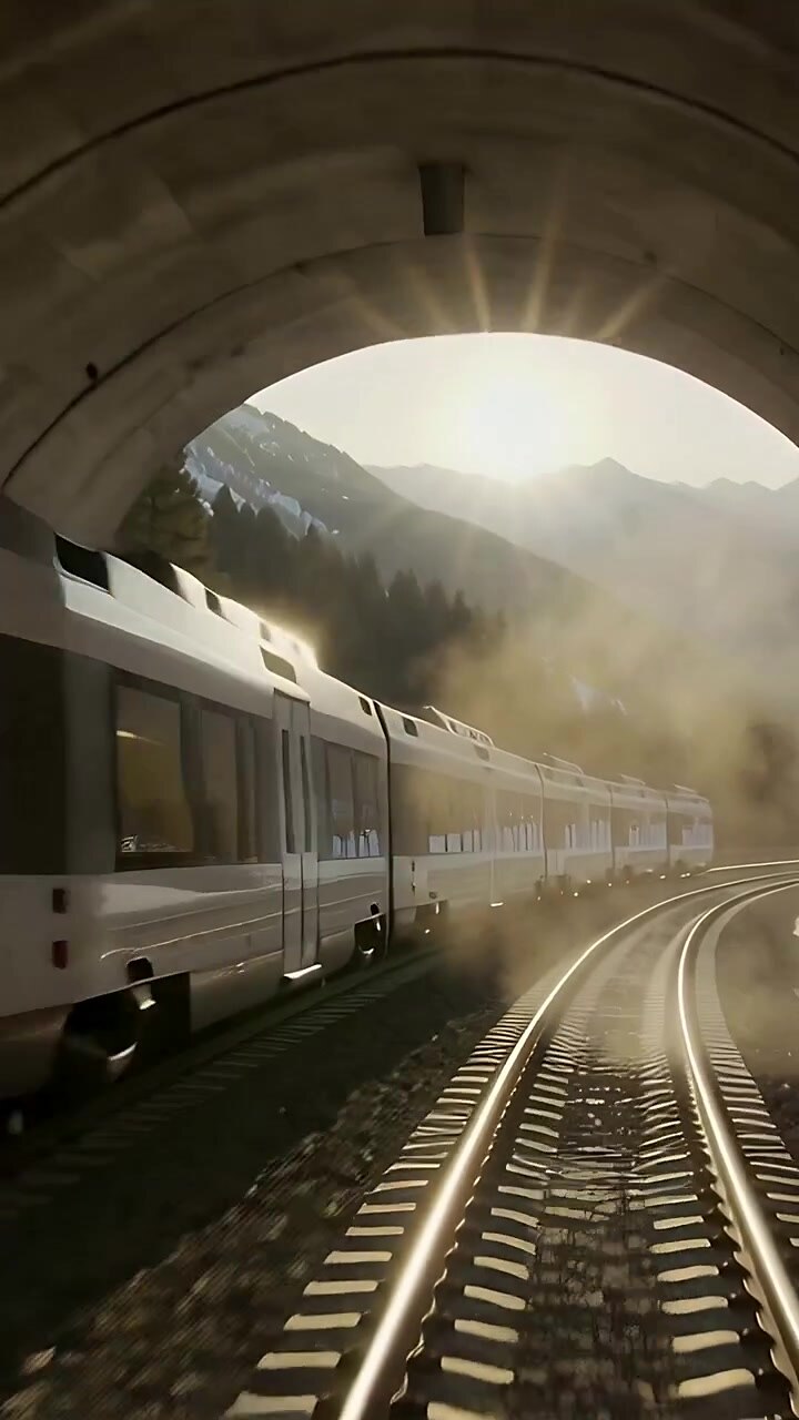 Vertical video: Emerging modern train rolling from concrete tunnel along valley tracks