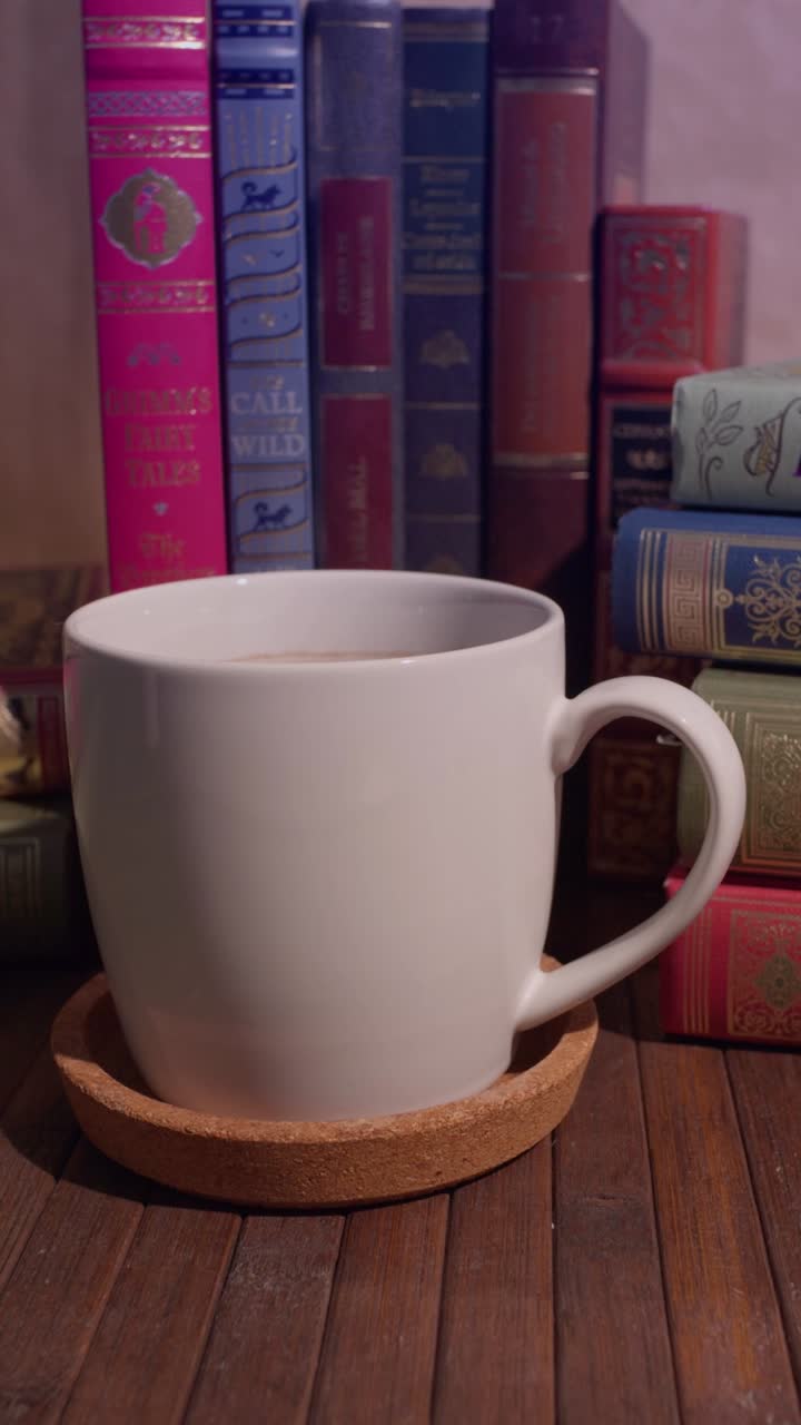 Tazza bianca su un tavolo di legno con vecchi libri sullo sfondo