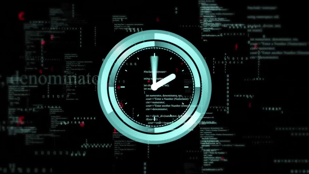Animation of data processing and clock ticking over dark background