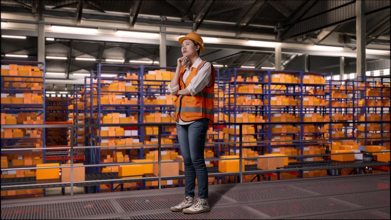 Full Body Side View Of Asian Female Engineer With Safety Helmet Standing In The Warehouse With Shelves Full Of Delivery Goods. Thinking About Something And Looking Around In The Storage