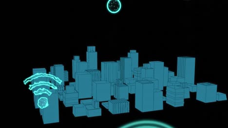 animación de iconos wifi digitales que vuelan sobre el paisaje urbano