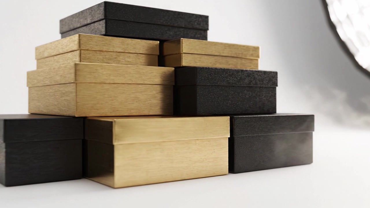 Caixas de Presente Empilhadas Elegantes em Preto e Dourado com Destaques de Iluminação Suave Criando uma Atmosfera Luxuosa e Convidativa para Ocasiões Especiais e Celebrações