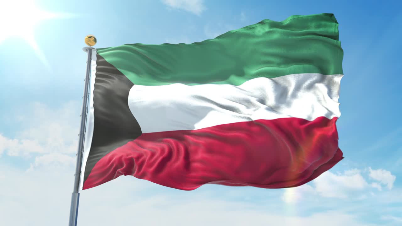 bandera de kuwait ondeando en el viento contra el cielo azul profundo. tema nacional, concepto internacional. render 3d bucle sin costuras 4k