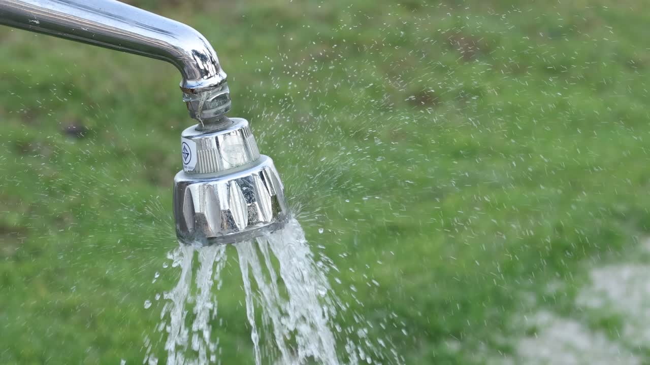 A detailed view of water streaming from a shiny metal faucet against a grassy background.