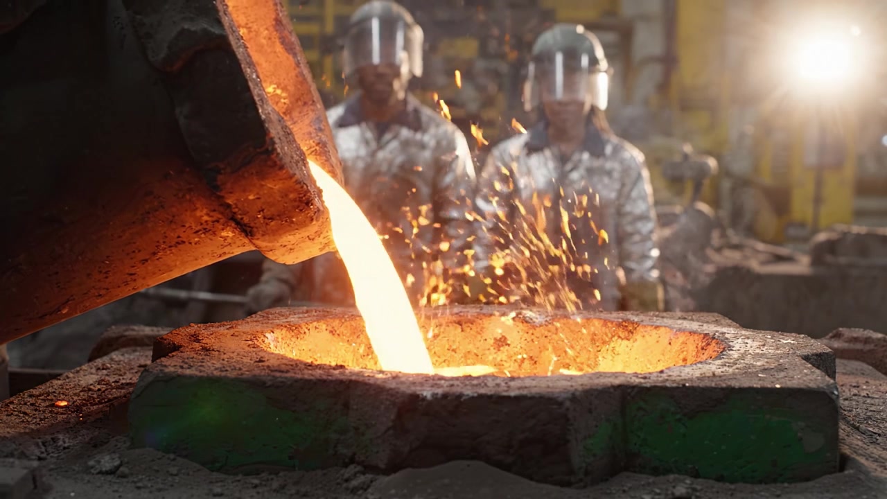 Proceso de Vertido de Metal en Fundición: Trabajadores con Equipo de Protección Supervisan el Metal Fundido Siendo Vertido en Moldes de Arena con Chispas Volando en un Entorno Industrial.