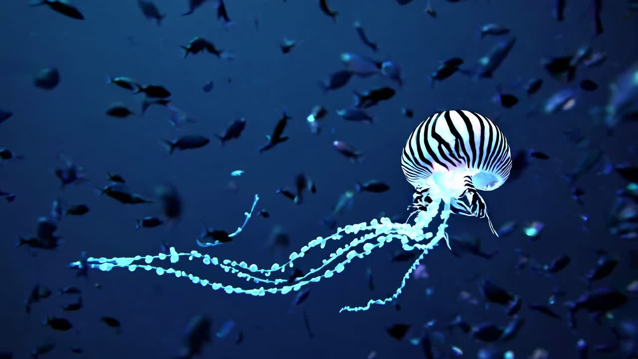 Glowing Zebra Jellyfish in an Aquarium