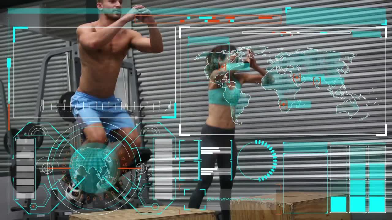 animación del procesamiento de datos y estadísticas sobre hombres y mujeres que hacen ejercicio en el gimnasio,